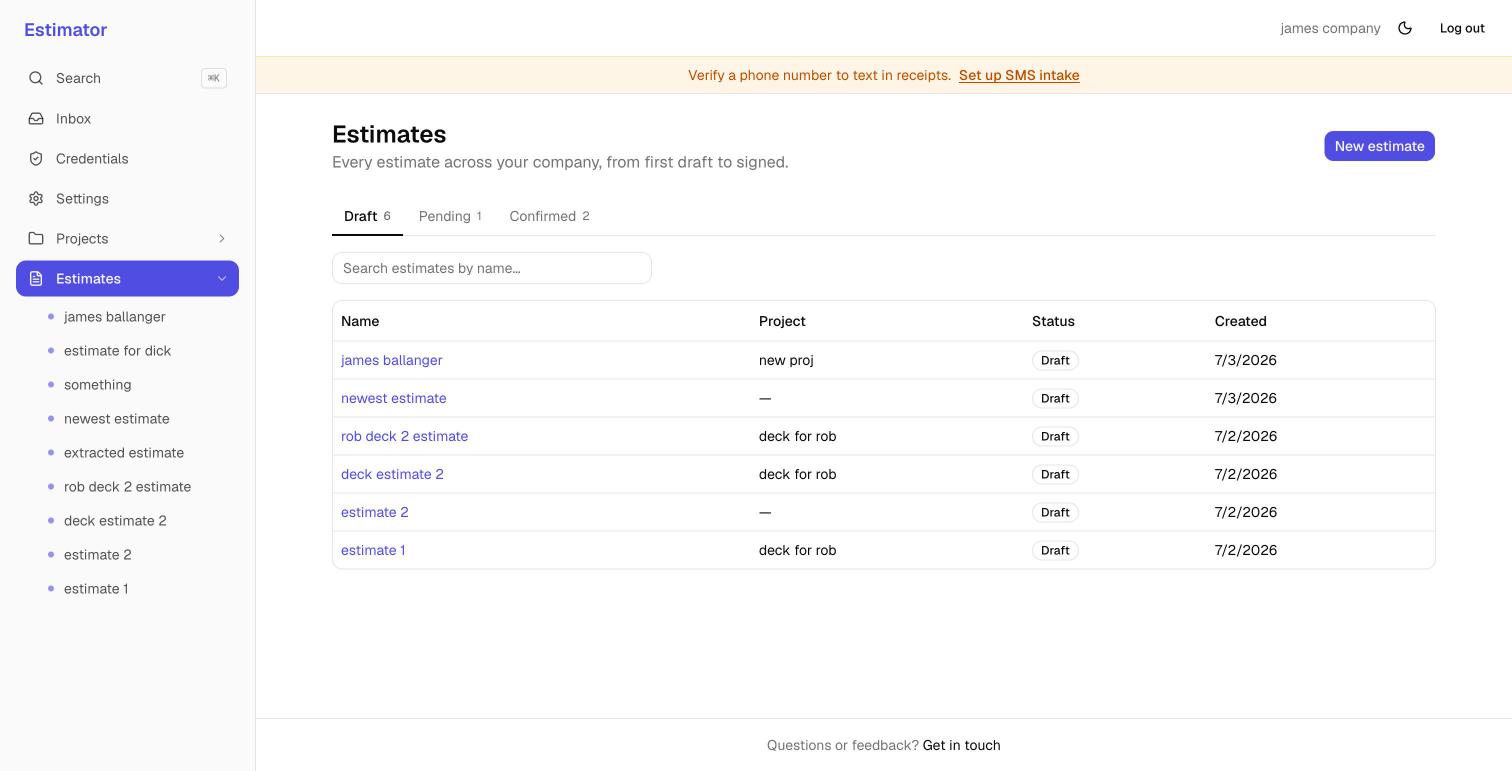 Estimator dashboard screenshot