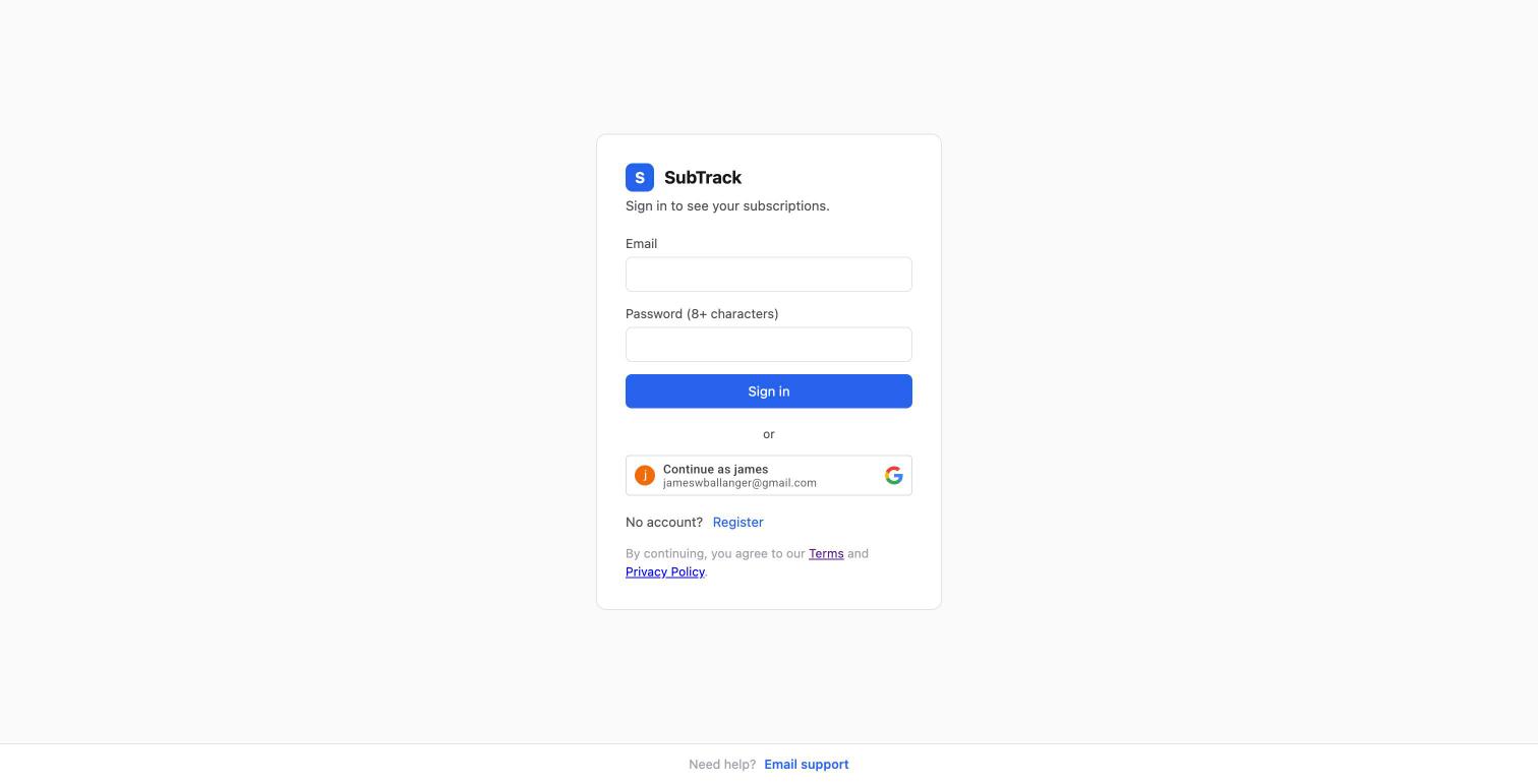 SubTrack sign-in screenshot